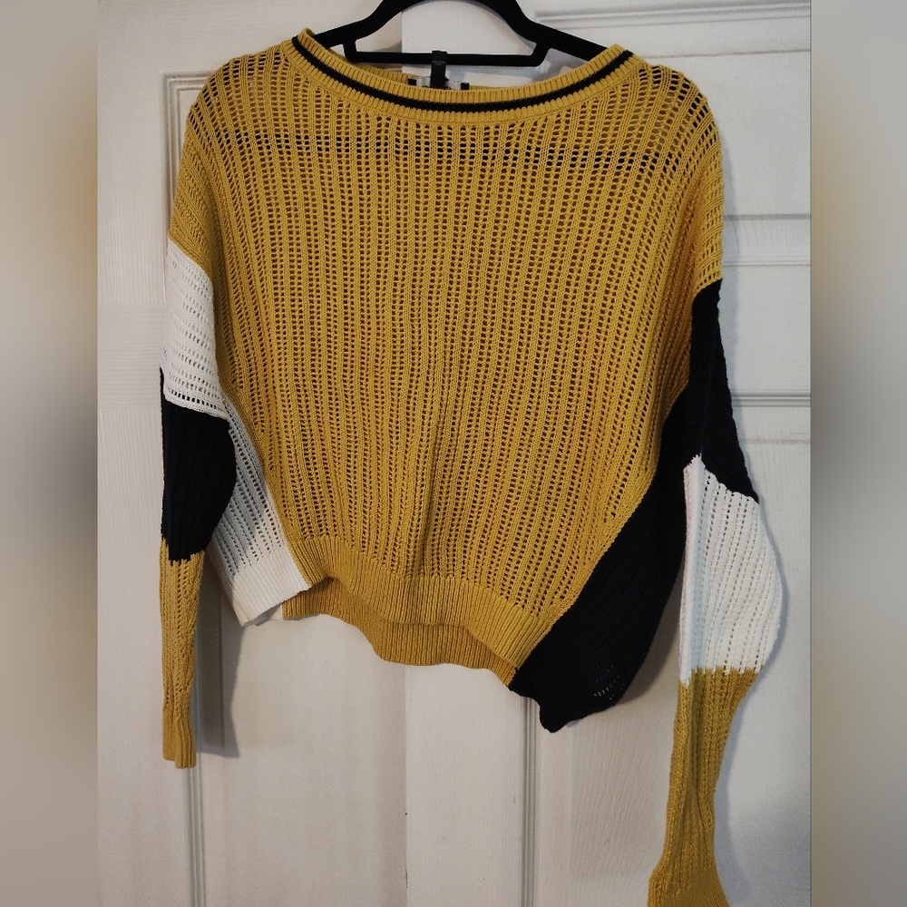 Express Mustard/Black/White Knit Crop Sweater, dolman sleeves,  medium